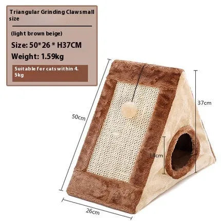A grey and white triangular cat toy with a sisal scratching side and a soft plush bed.