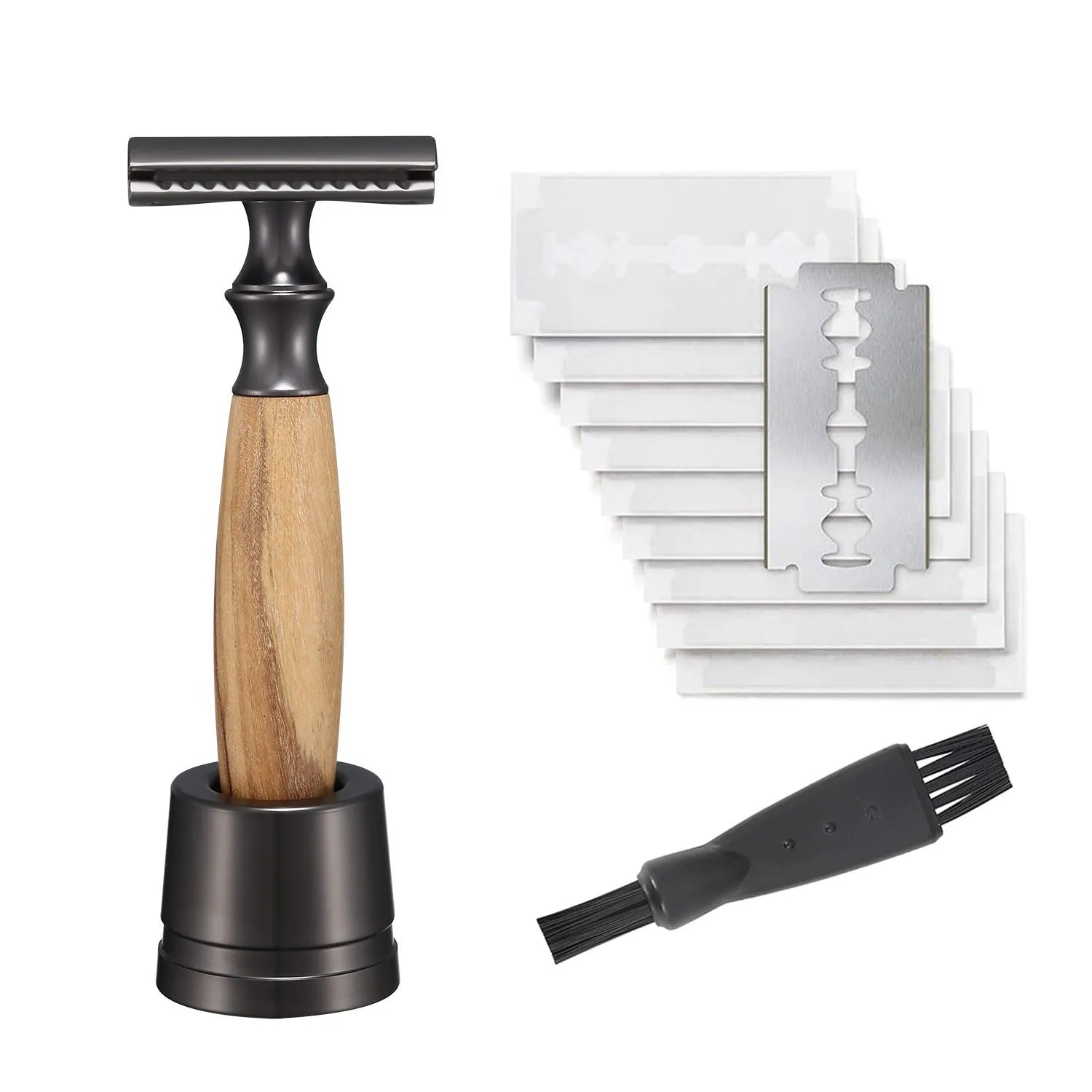 Men's copper safety razor with olive wood handle and aluminium blade holder on stand