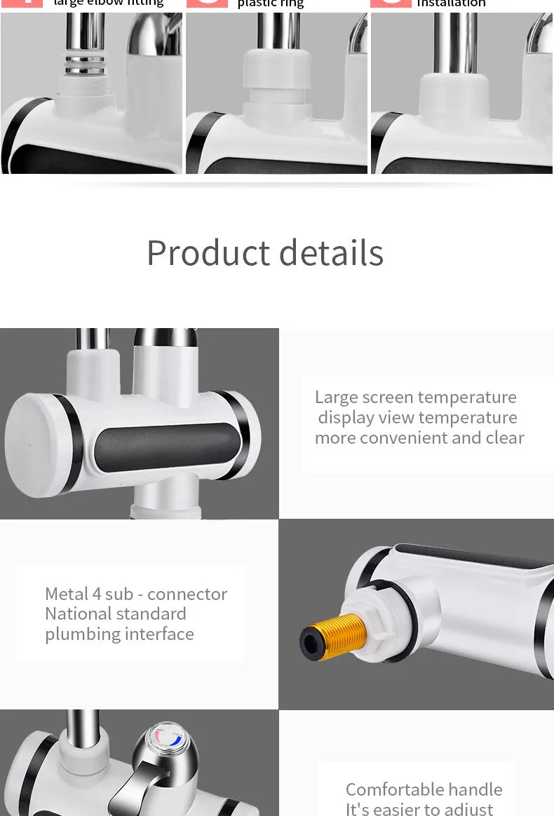 White kitchen instant electric water heater with digital temperature display and tap