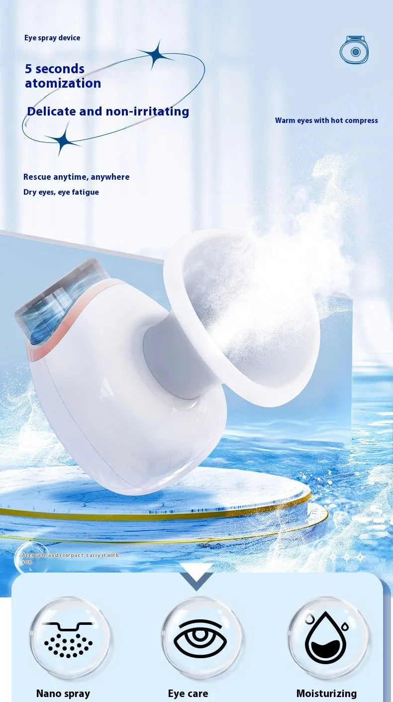 White portable eye humidifier with USB charging cable on wooden table