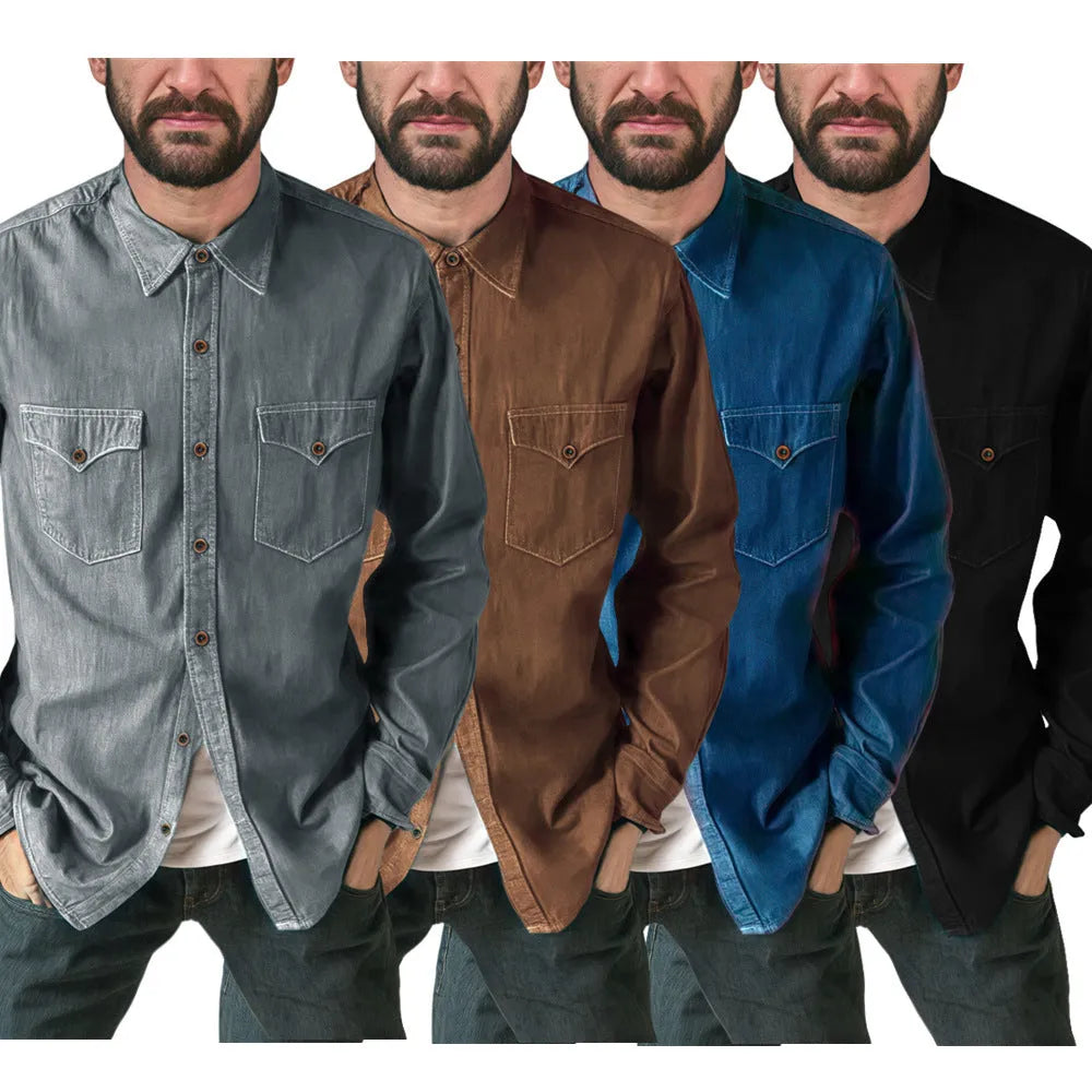 Man's khaki cotton denim cardigan coat open front, regular fit, casual style.
