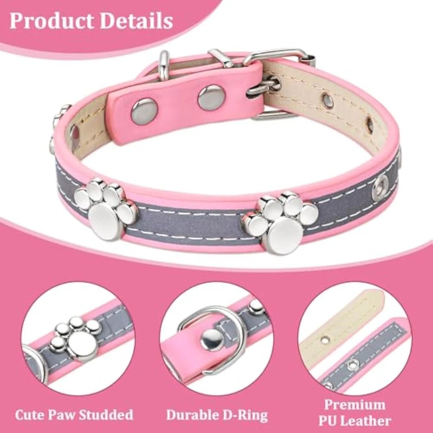 Reflective adjustable dog collar with paw-shaped rivets on PU leather in multiple sizes