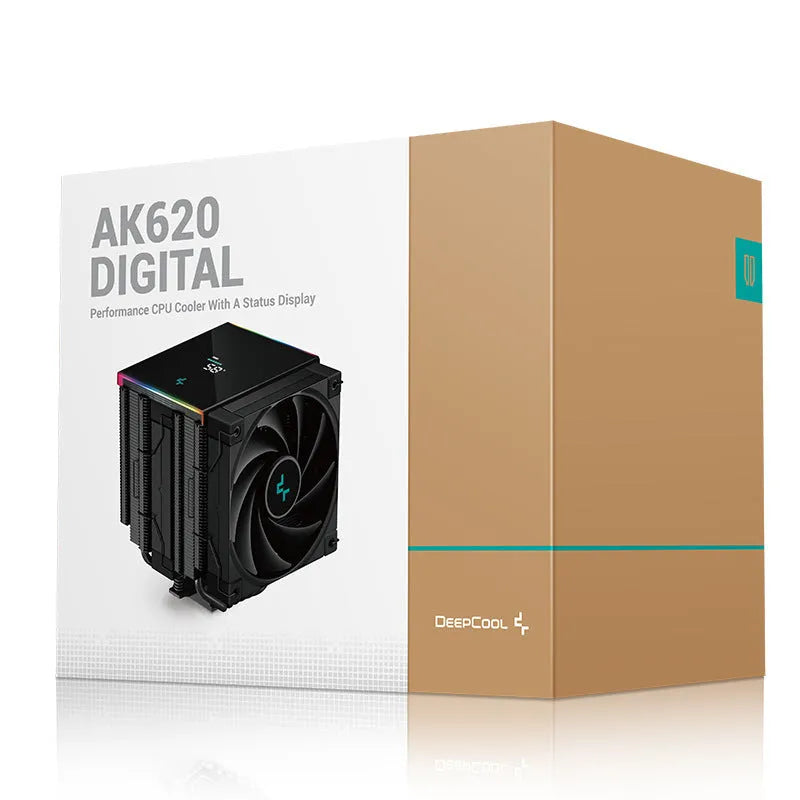 Deepcool Twin Tower CPU air cooler with digital temperature display showing black and white colour options