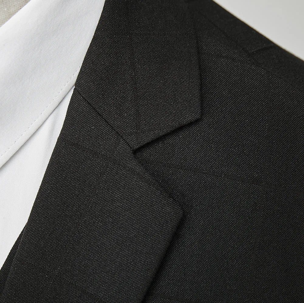 Men's navy blue slim fit three-piece plaid suit with jacket, vest, and trousers on a hanger.