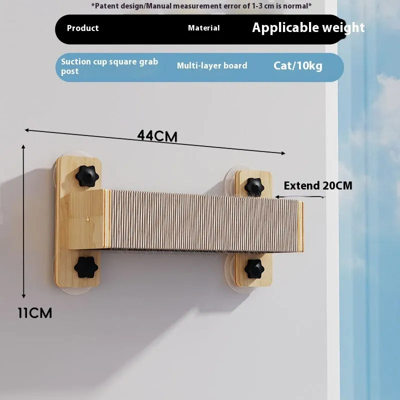 Sisal fabric space capsule cat scratching post mounted on a wall, showing chamfered edges and a suspended perch.
