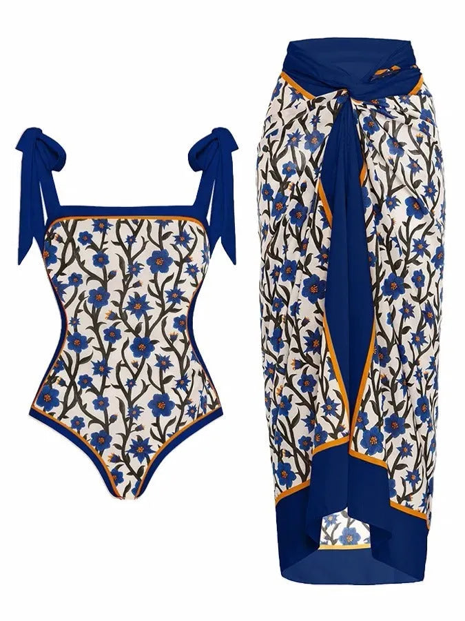 Women's floral print chiffon swimsuit with attached skirt in two-piece design