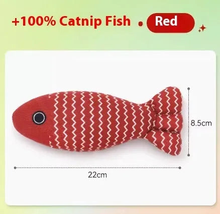 Catnip stuffed fish toy for cats in blue, red and yellow colour options showing large and medium size comparison