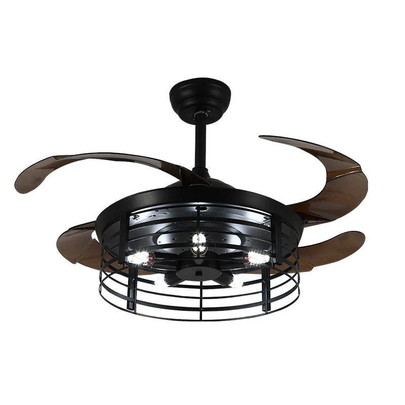 American retro style ceiling fan with integrated light and acrylic blades, shown with remote control.
