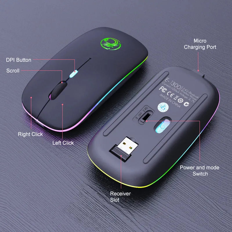 Black and white wireless computer mouse with dual Bluetooth and 2.4G connectivity and silent click buttons