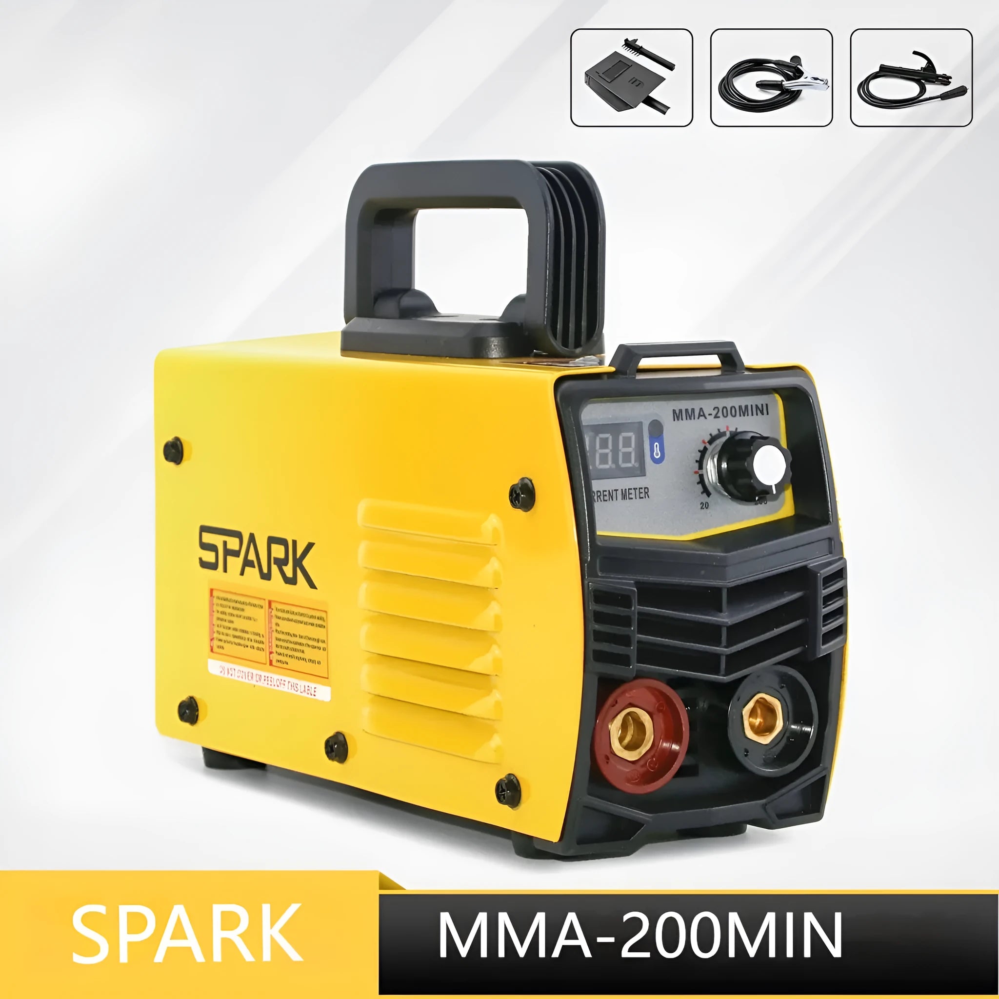 MMA-200MIN DC welding machine with welding tongs, clamp, face shield, and brush hangers on workbench