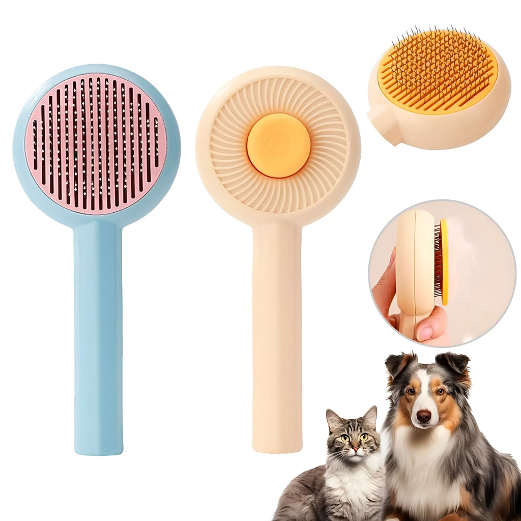 Blue pet grooming brush with metal angled needles and a self-cleaning button on the plastic handle.