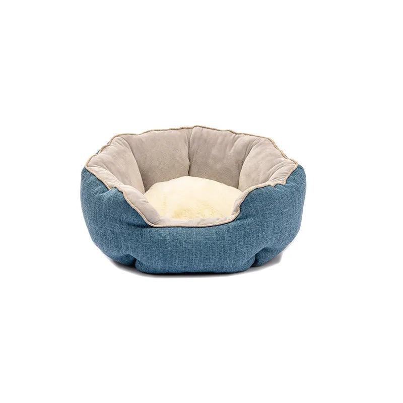 Blue octagonal pet sofa bed with a removable central mat for a small dog or cat.