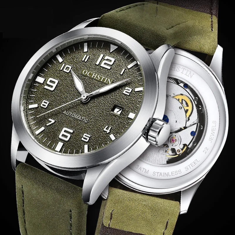 Men's automatic mechanical watch with retro leather strap showing multiple colour dial and case combinations