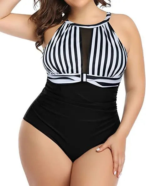 Women's black one-piece polyester swimsuit on a hanger, with red floral and striped versions shown.