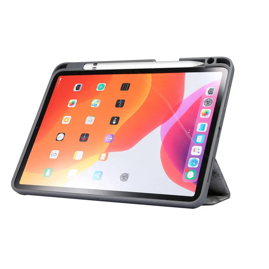iPad tri-fold marbling leather case with pen slot in dark grey colour