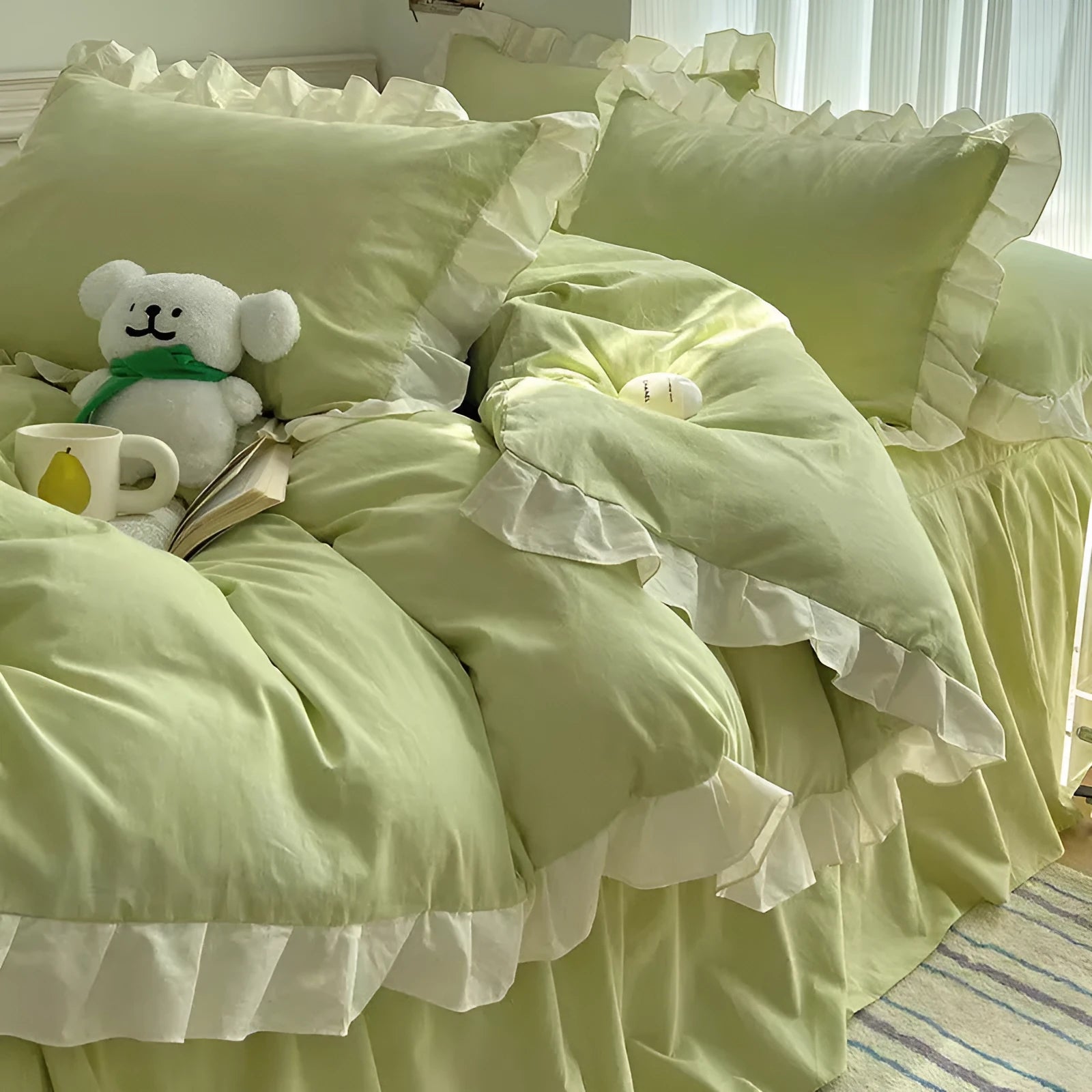 Mori style solid colour linen quilt cover and pillowcases on a bed