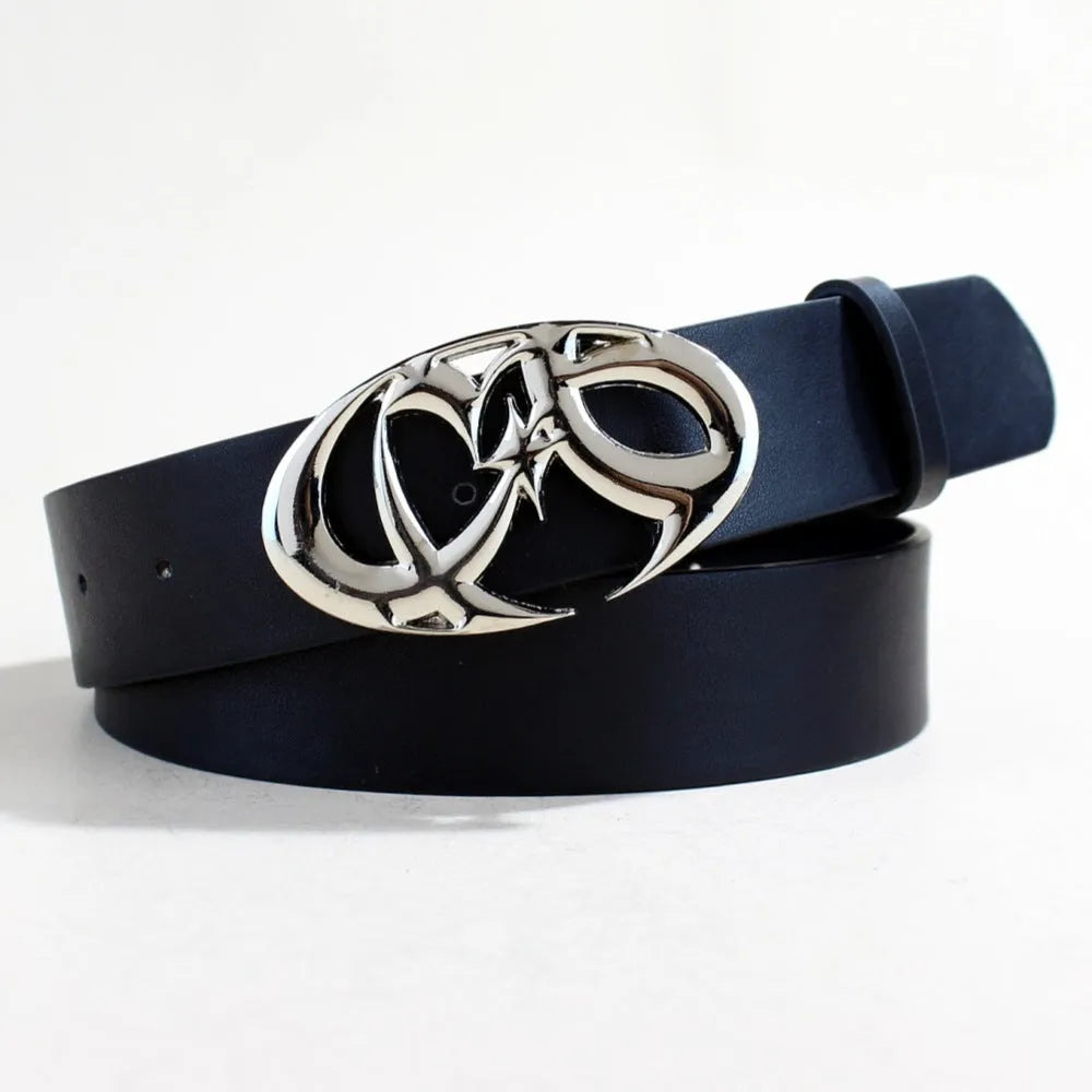Casual silver buckle belt made from black PU leather with a 105cm length