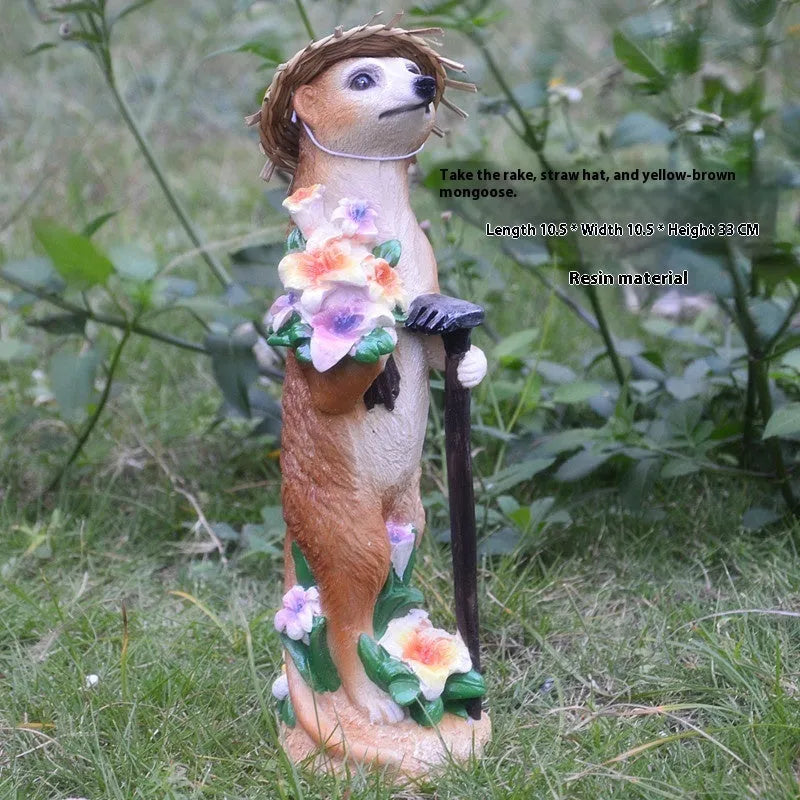 Straw hat mongoose garden ornament crafted from synthetic resin in three colour variations