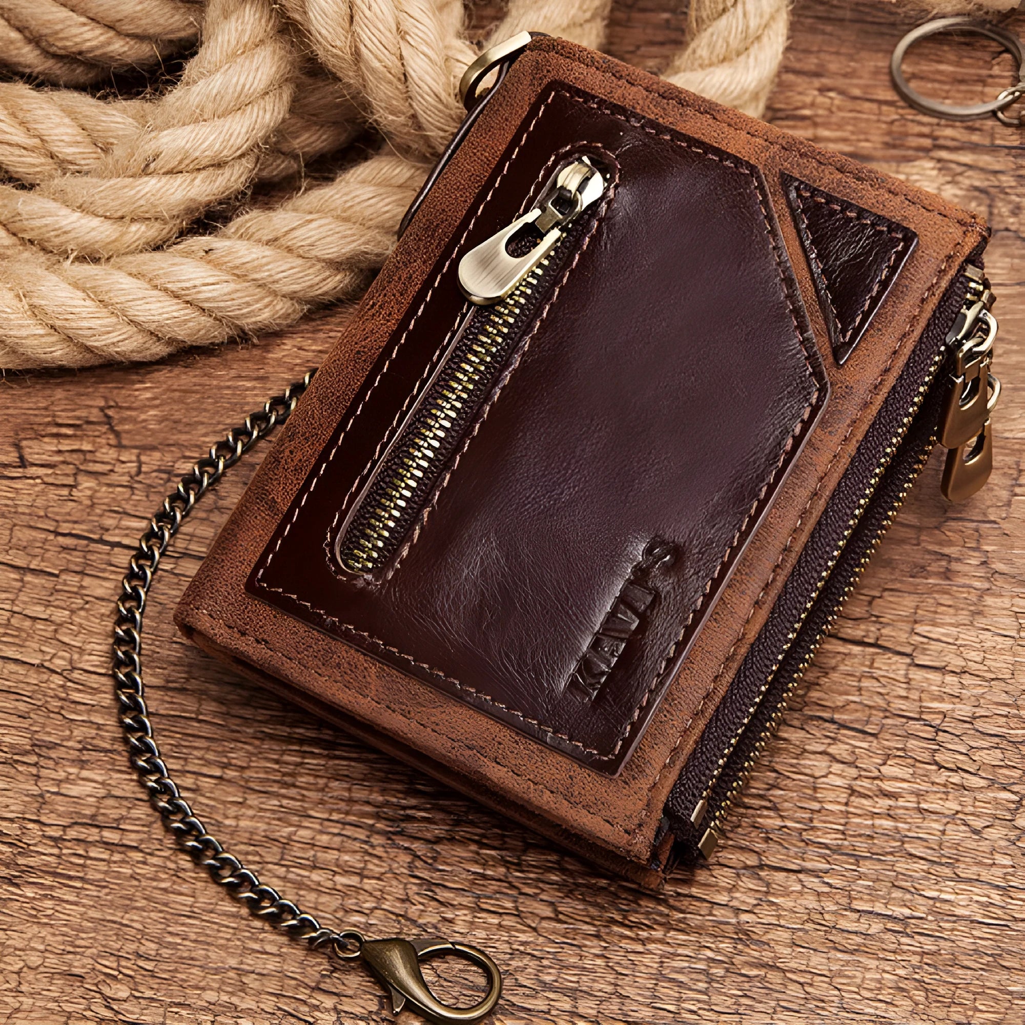 Dark brown men's leather RFID-blocking anti-theft wallet with metal chain