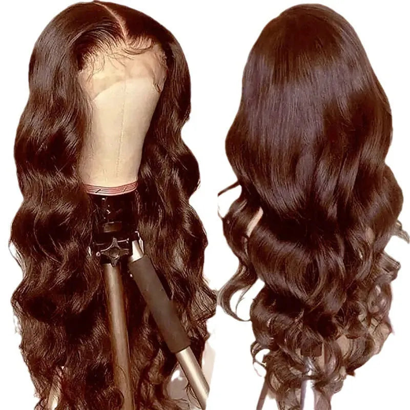 Dark brown long curly synthetic wig with side bangs and a lace front.