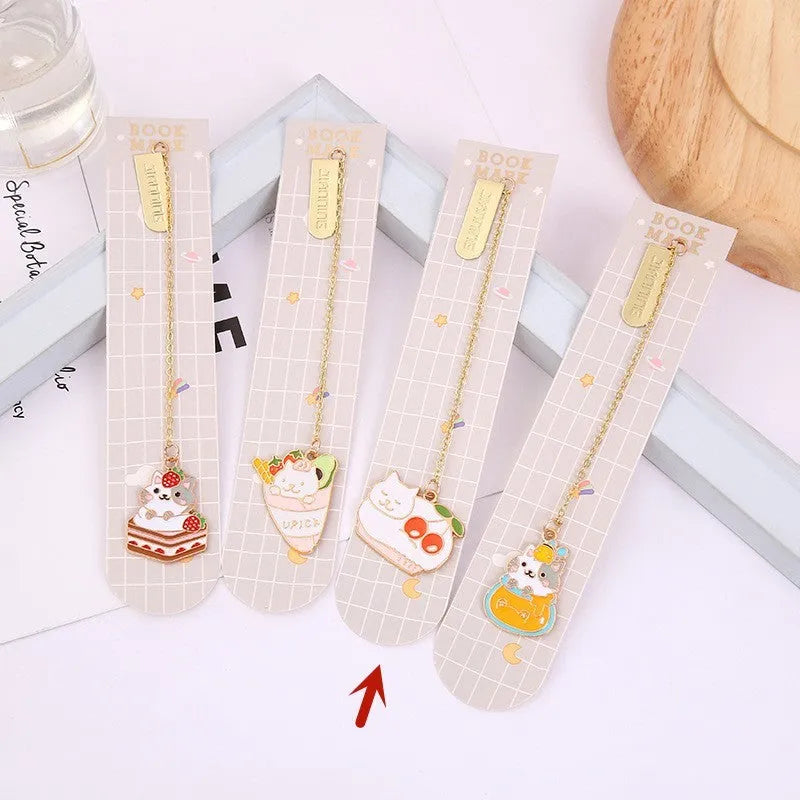 Jane Lime foodie cat metal bookmark with cartoon pendant in one of four food-themed designs
