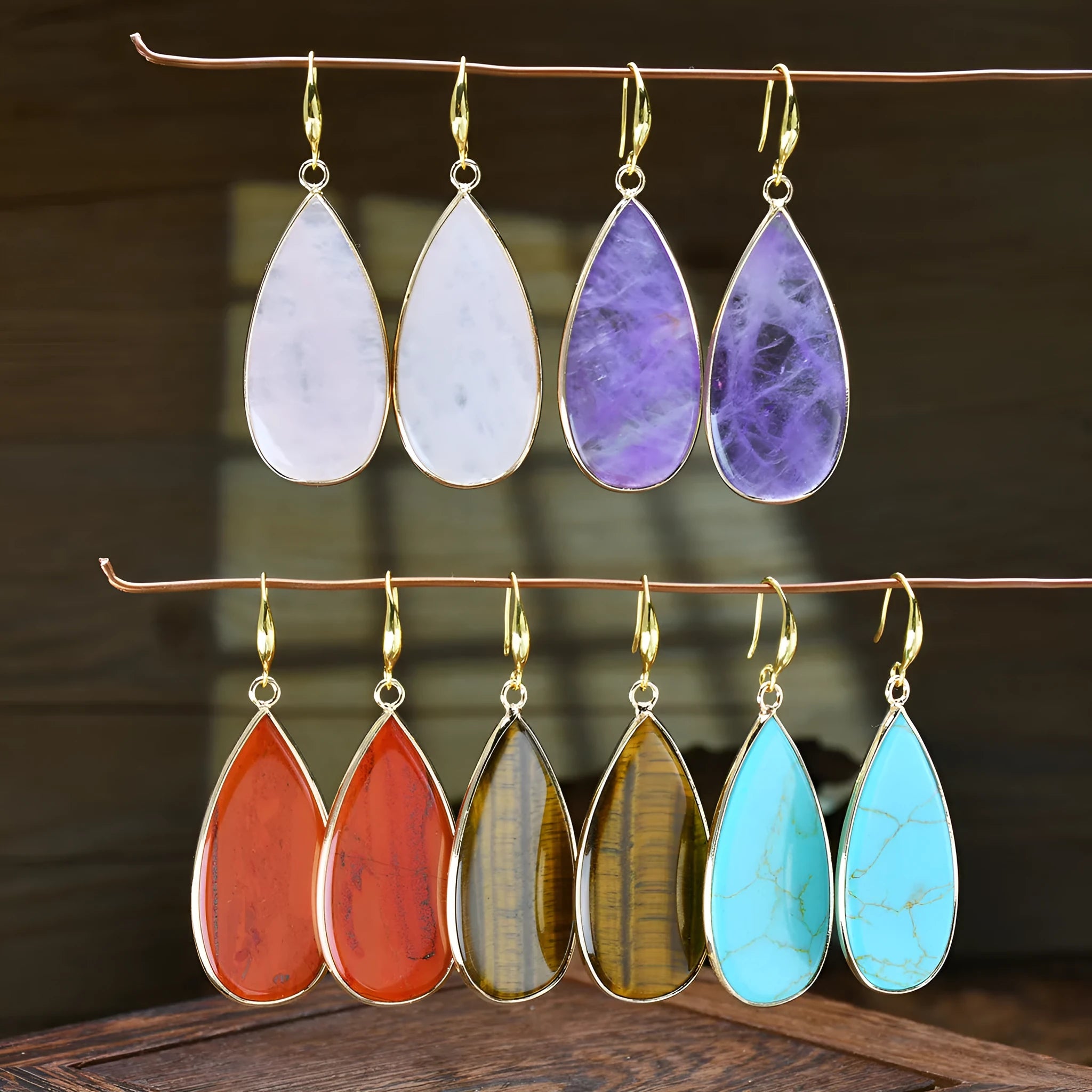 Vintage long drop earrings made of stone in Tigereye, Amethyst, Pink Crystal, Redstone, or Turquoise.