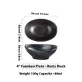 Oval Japanese ceramic sauce dipping bowl on a table, showing its 5cm height and decorative underglaze pattern.