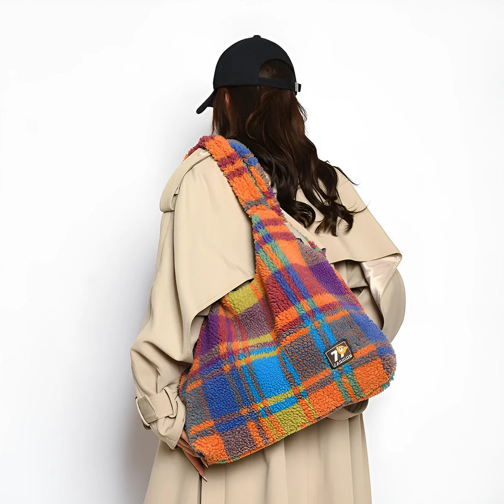 Women's plaid plush crossbody tote bag in Army Green, showing horizontal square shape and shoulder strap.