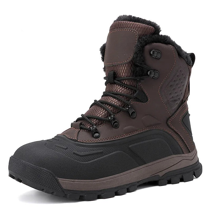 Men's black high-top boots with fleece lining, flat heel, and lace-up front