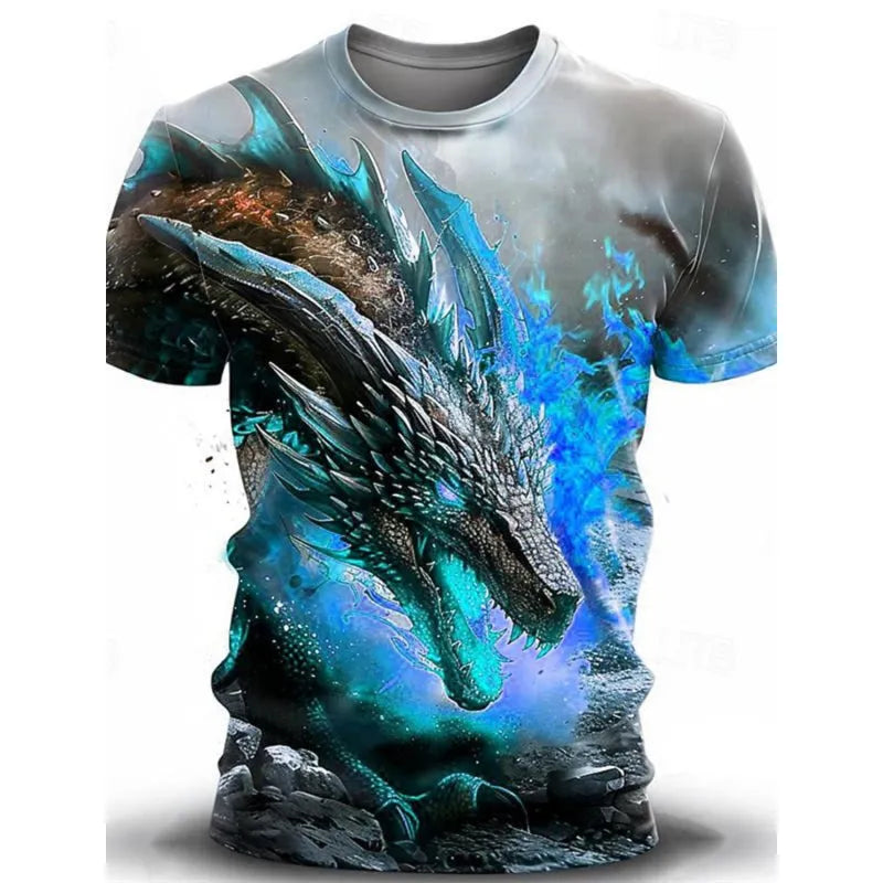 Men's grey T-shirt with a large blue 3D wind dragon print across the chest, short sleeves.