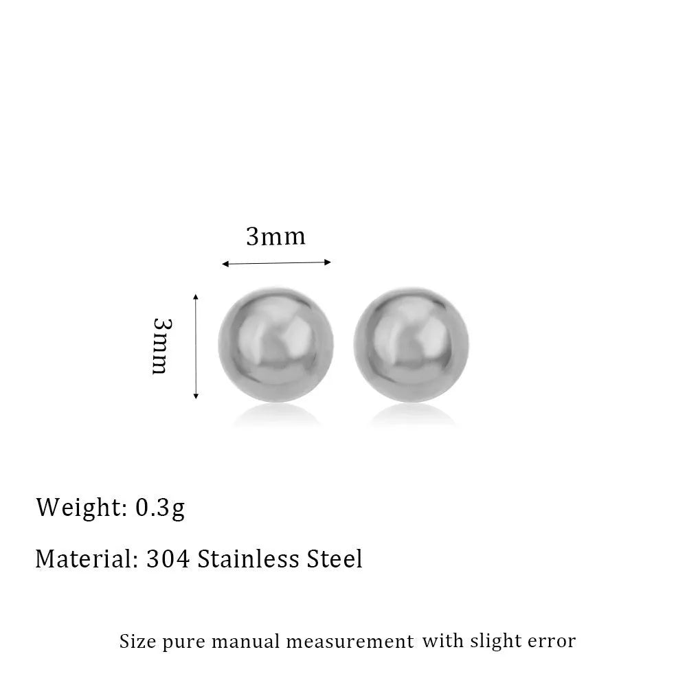 Minimalist stainless steel ball stud earrings in gold and silver tones, showing 3mm 4mm 5mm 6mm size difference.