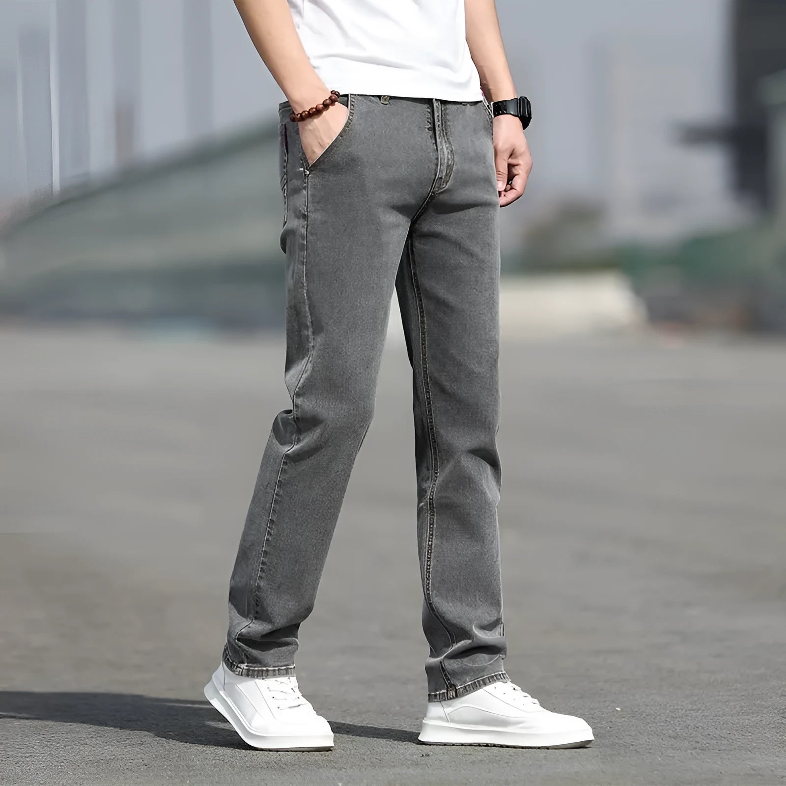 Men's smoky gray jeans with straight leg cut and rabbit fur fabric showing zip fly closure