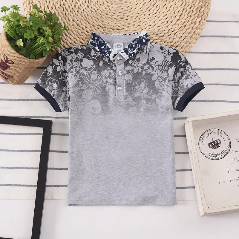 Child wearing a solid colour cotton short sleeve t-shirt with a lapel collar.