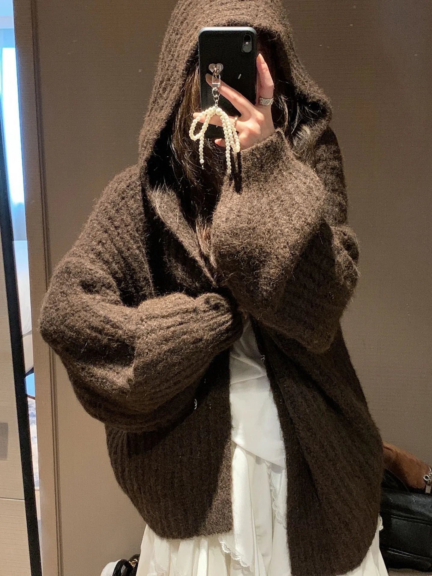 Women's retro style hooded sweater cardigan in acrylic fabric