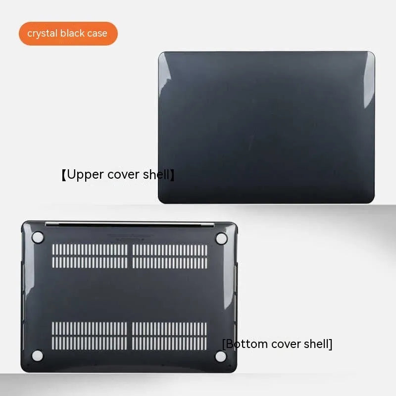 Hard plastic protective case fitted on a silver MacBook Pro laptop, showing clear transparent finish.