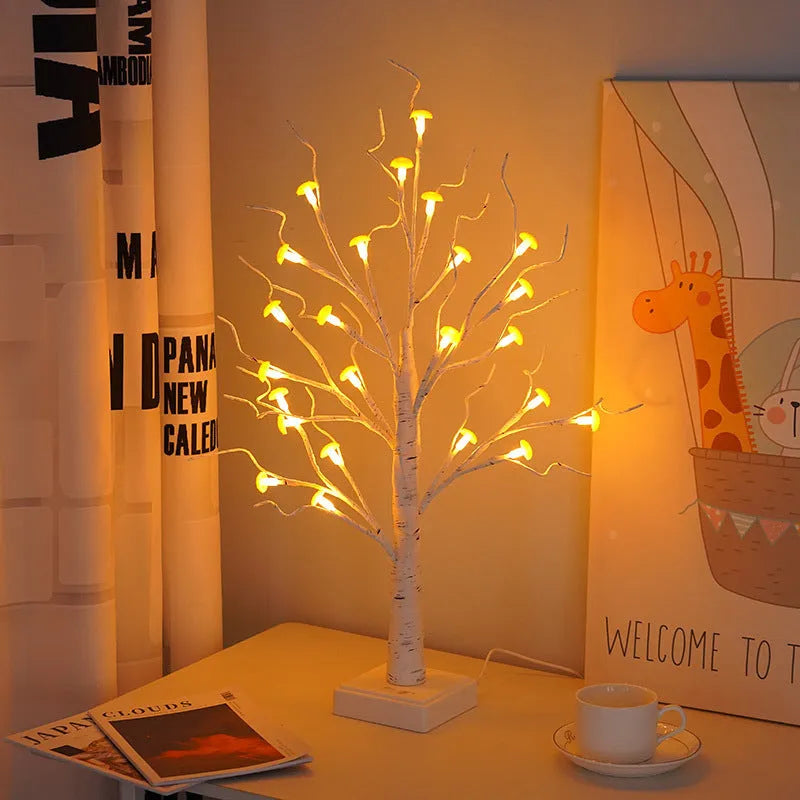 60cm tall mushroom tree LED lamp with warm light colour and 24 detachable plastic flowers on birch tree design