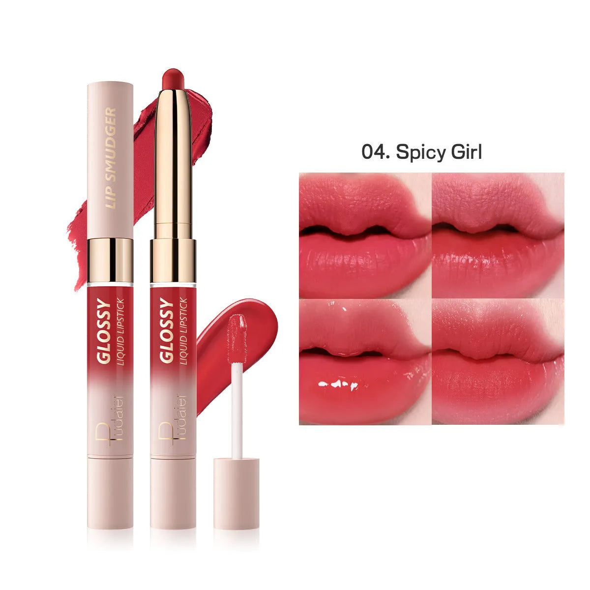 Double-headed lipstick and lip gloss cosmetic product showing matte finish with ten colour options