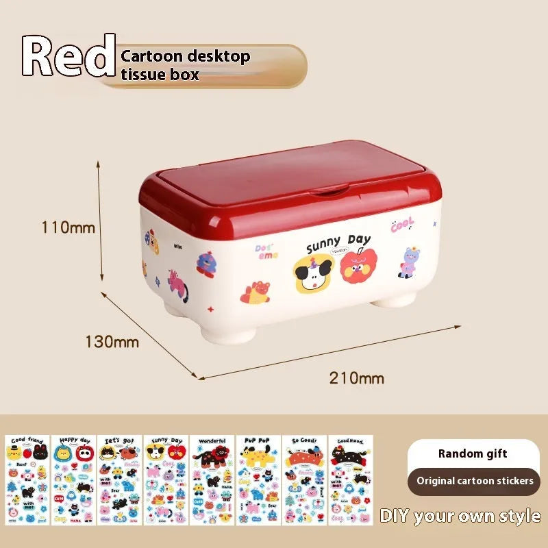 Red and brown cartoon-style desktop storage organiser with grid pattern and sticker set for labelling.