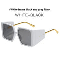 Large square frame sunglasses in seven colours: black, blue, champagne, green, hawksbill, orange, and white.