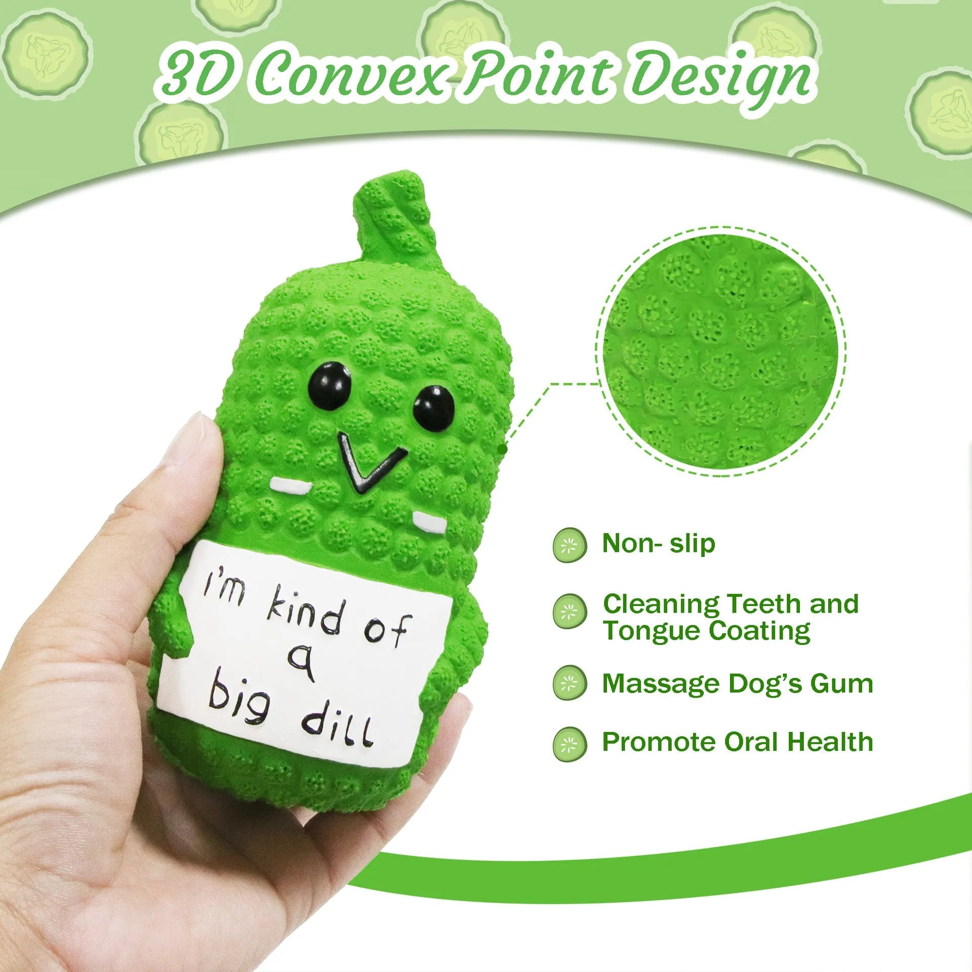 Green latex pickle-shaped dog chew toy with textured surface and squeaker