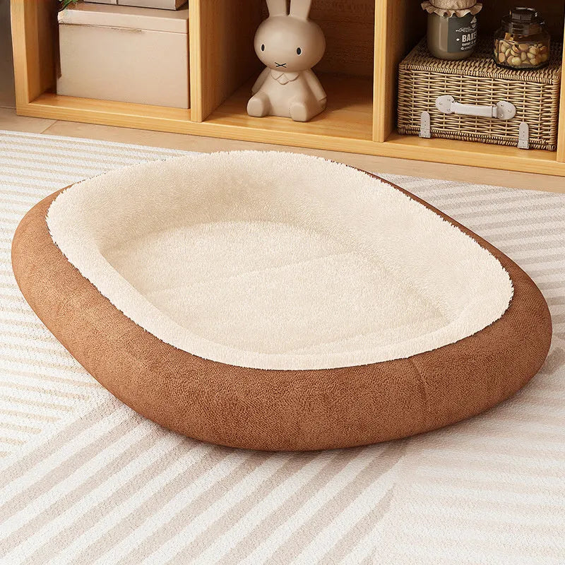 A thick padded dog kennel for small and medium dogs in a grey colour, shown with size dimensions.