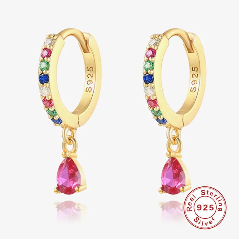 S925 sterling silver geometric water drop earrings with electroplated finish and gemstone accents