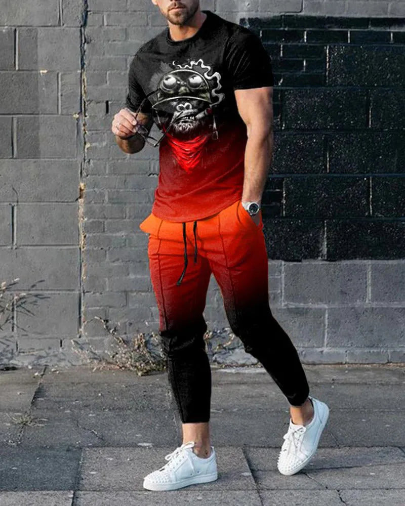 Man wearing a solid-colour short-sleeve top and matching trousers from a polyester sports set.