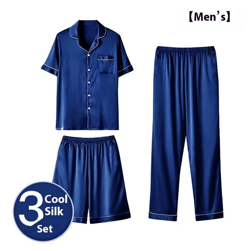 Men's ice silk three-piece home wear suit showing short sleeve top, shorts, and trousers laid flat.