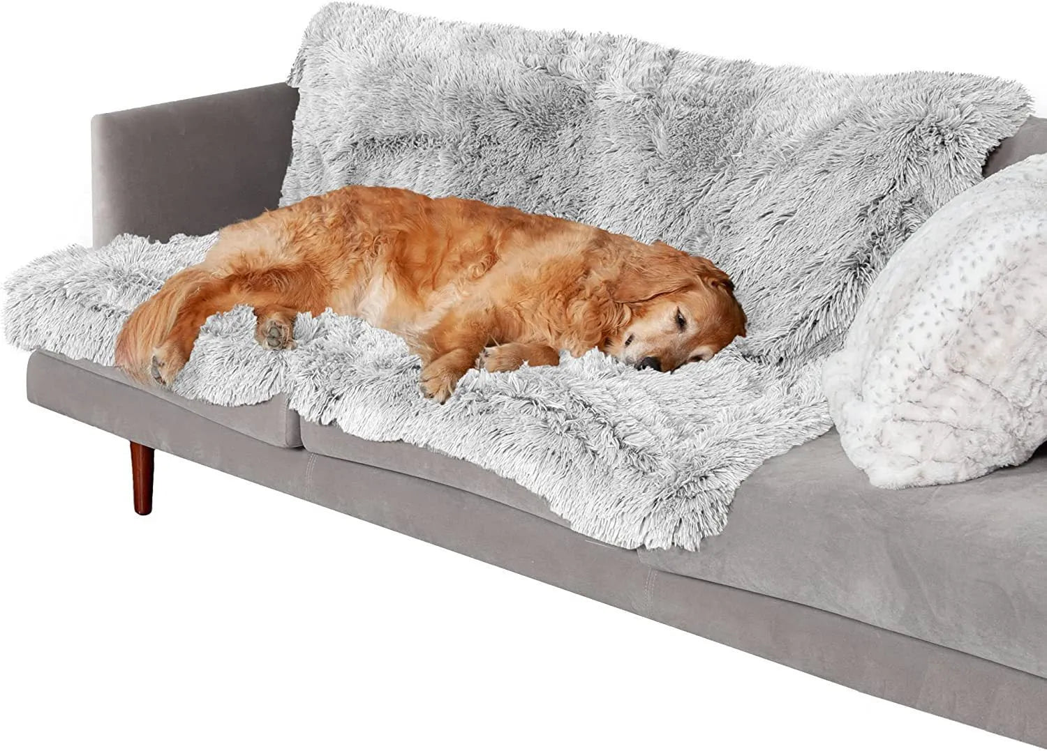 Plush waterproof dog cushion in dark grey, double-layer thickening design with four size options