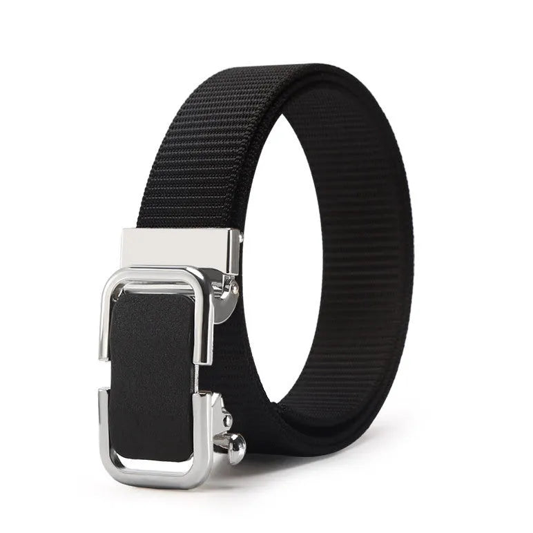 Men's nylon canvas belt in army green with an alloy buckle, laid flat showing 120cm length.