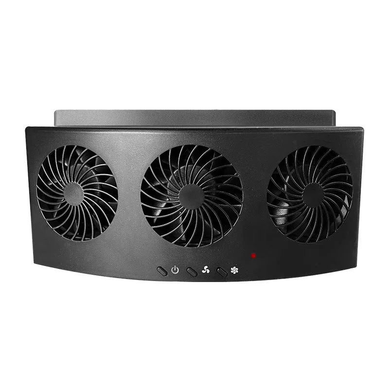 Black and white car ventilation fan for exhaust odour with USB cable on a car seat