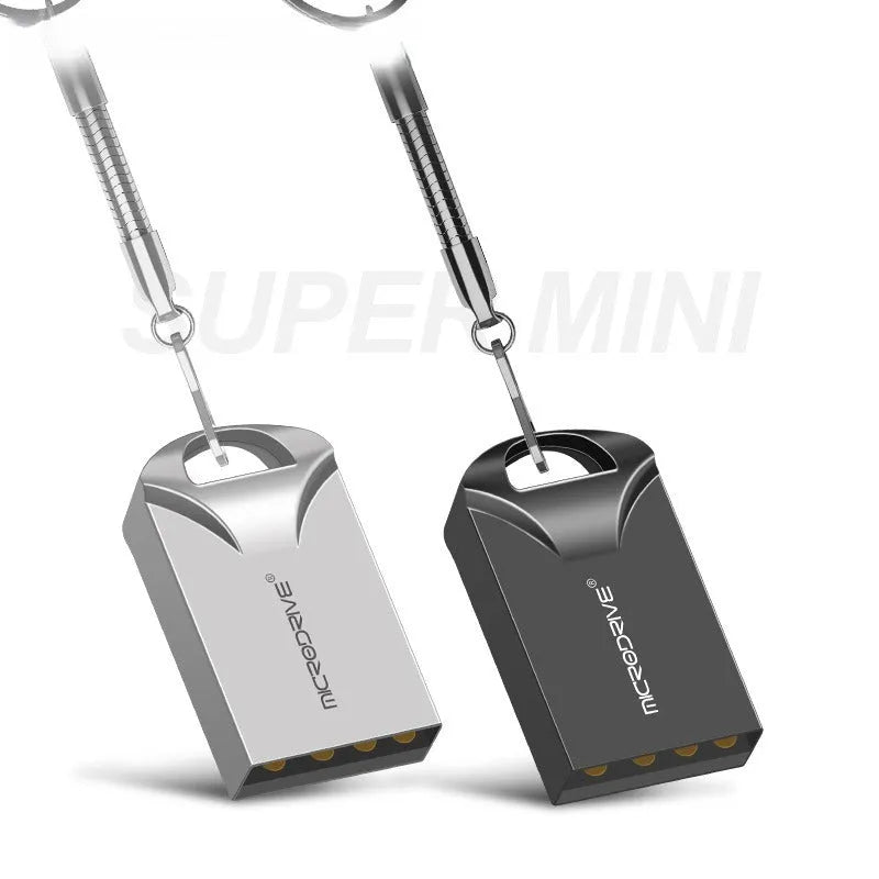 Small black and silver metal USB flash drive showing front and side views