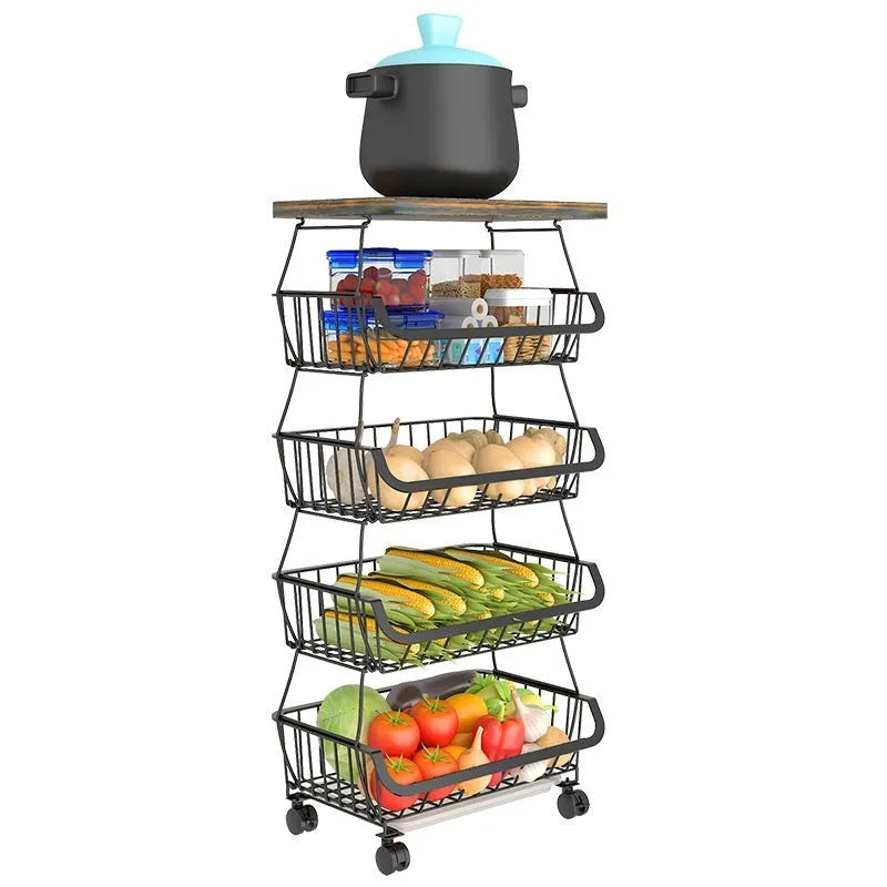 Black six-layer carbon steel kitchen floor storage rack with foldable design