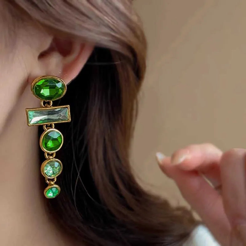 Geometric Chinese style earrings with retro green gradient colour and tassel design